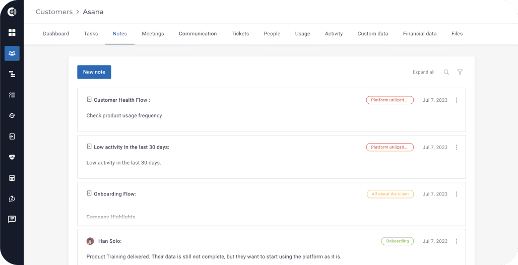 customer interaction note taking example custify